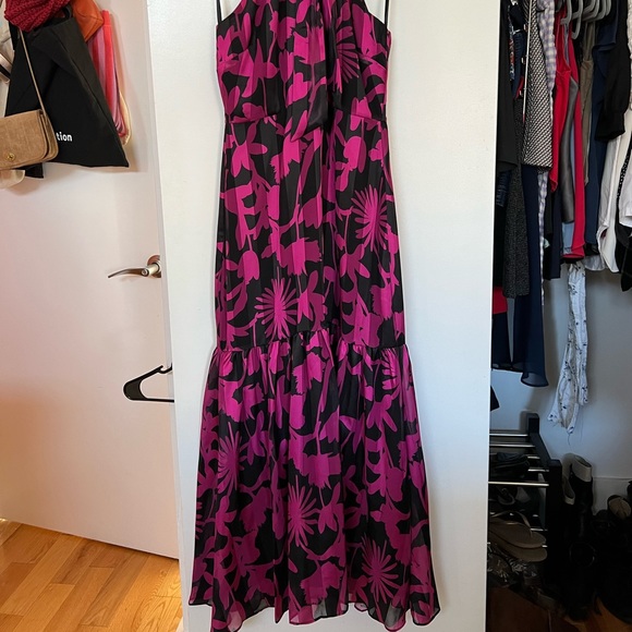 NWT: MILLY Floral Shadow Tie Halter Neck Sleeveless Dress In Magenta - Picture 9 of 11